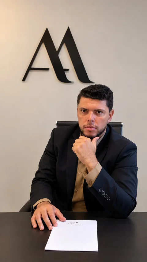 Bruno Alonso sentado em seu escritório, diante do monograma Alonso Advogados